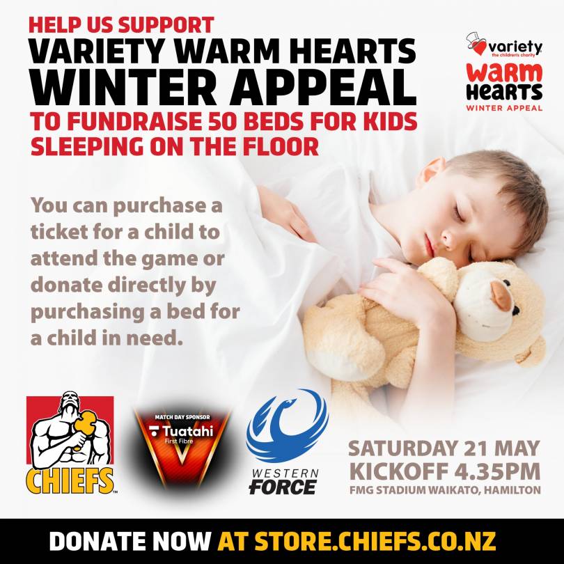 The Chiefs Rugby Club and Variety to fundraise 50 beds for Kiwi kids